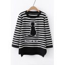 Cat Letter Embroidered Striped Printed Long Sleeve Round Neck Sweater