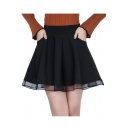 High Waist Mesh Hem Mini A-Line Skirt with Pockets