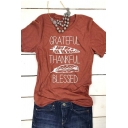 GRATEFUL Letter Feather Printed Round Neck Short Sleeve Tee