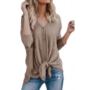 Button Front V Neck Long Sleeve Plain Textured Cardigan