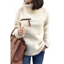 Faux Fur Plain Long Sleeve High Neck Zipper Embellished Sweater