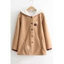 Antlers Pattern Hood Button Front Long Sleeve Applique Hooded Tunic Coat