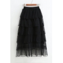 Chic Elastic Waist Plain Layered Mesh Midi A-Line Skirt
