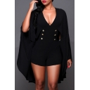 V Neck Plain Buttons Front Batwing Sleeve Romper