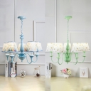 5 Lights Shaded Chandelier Light Boys Girls Bedroom Fabric Suspended Lamp in Sky Blue/Green