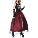 Halloween Series Mesh Insert Color Block Skull Printed Round Neck Sleeveless Maxi A-Line Dress