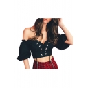 Vintage Lace Up Front Short Sleeve Sexy Off The Shoulder Crop Tee