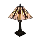 Craftsman Style Square Table Lamp Featuring Geometrical Motif Tiffany Glass Shade