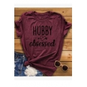 HUBBY Letter Heart Printed Round Neck Short Sleeve T-Shirt