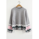 Contrast Zig-Zag Striped Printed Round Neck Long Sleeve Sweater