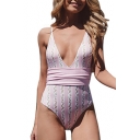 Spaghetti Straps Sleeveless Striped Floral Printed Hollow Out Back One Piece Swimwear