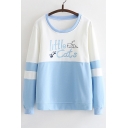 LITTLE CATS Letter Animal Printed Color Block Round Neck Long Sleeve Sweatshirt