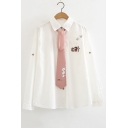 CAT Letter Embroidered Lapel Collar Long Sleeve Button Front Shirt with Tie