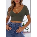 V Neck Short Sleeve Plain Skinny Hollow Out Knotted Back Crop Tee