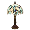 Leaves Patterned Tiffany Glass Shade Table Lamp with Brilliant Blue Beads Decor