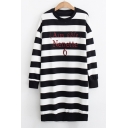 Letter Number Embroidered Color Block Striped Printed Round Neck Long Sleeve Midi Shift Dress