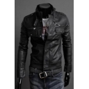 Stand Collar Long Sleeve Plain Leather Jacket