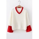 Color Block V Neck Long Sleeve Chic Sweater