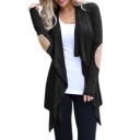 Elbow Patched Long Sleeve Collarless Open Front Asymmetric Jacket