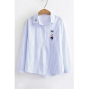 Leisure Lapel Collar Rabbit Embroidered Long Sleeve Button Closure Shirt