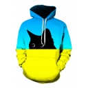 3D Color Block Cat Printed Long Sleeve Casual Loose Hoodie