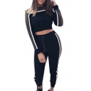 Color Block Contrast Striped Round Neck Long Sleeve Crop Top with Drawstring Waist Slim Pants Sports Co-ords