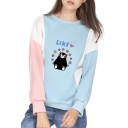 LIKE Letter Cartoon Bear Print Color Block Round Neck Long Sleeve Sweatshirt