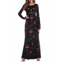 Pumpkin Printed Round Neck Long Sleeve Slim Maxi A-Line Dress