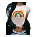 Letter Sun Rainbow Embroidered Round Neck Short Sleeve T-Shirt