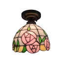 Floral Dome Shaped Tiffany-Style Semi Flush Ceiling Light with Art Glass Shade, 8