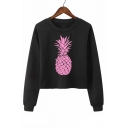 Pineapple Printed Round Neck Long Sleeve Crop Sweatshirt
