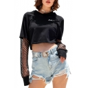 Mesh Patched Long Sleeve Letter Embroidered Round Neck Cropped T-Shirt