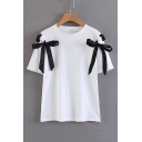 Bow Tie Lace Up Shoulder Round Neck Short Sleeve T-Shirt