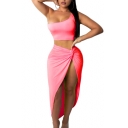 Sexy One Shoulder Sleeveless Plain Crop Tank with Twist Waist Split Front Maxi Skirt Co-ords