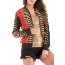 Stand Up Collar Long Sleeve Color Block Printed Zip Placket Jacket