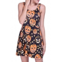 Pumpkin All Over Printed Round Neck Sleeveless Mini A-Line Dress