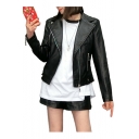 Notched Lapel Collar Plain Long Sleeve Zipper Front Cropped PU Leather Jacket