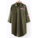 Badge Applique Lapel Collar Long Sleeve Tunic Shirt with Pockets