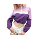 Color Block Zipper Front Elastic Hem Long Sleeve Cropped Sweatshirt