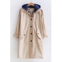 Contrast Hood Long Sleeve Single Breasted Tunic Trench Hooded Coat