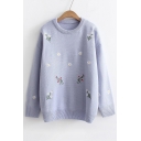 Floral Embroidered Rib Knit Trim Round Neck Long Sleeve Sweater