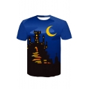 Cartoon Moon Castle Print Round Neck Short Sleeve T-Shirt