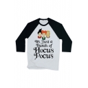 Character Letter Printed Color Block 3/4 Length Sleeve Casual Tee