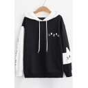 Color Block Japanese Cat Embroidered Long Sleeve Casual Hoodie