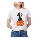 Pumpkin Cat Printed Slim Round Neck Short Sleeve T-Shirt