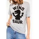 WINO Letter Dinosaur Print Round Neck Short Sleeve T-Shirt