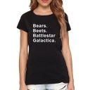 BEARS BEETS Letter Print Round Neck Short Sleeve T-Shirt