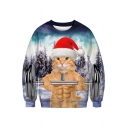 Comic Muscle Cat Printed Round Neck Long Sleeve Sweatshirt