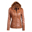 Patchwork Hood Zip Closure Long Sleeve Cool Leather Hooded Jacket