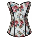 Vintage Leather Trim Button Front Floral Printed Skinny Lace up Jean Flowers Corset Bandeau